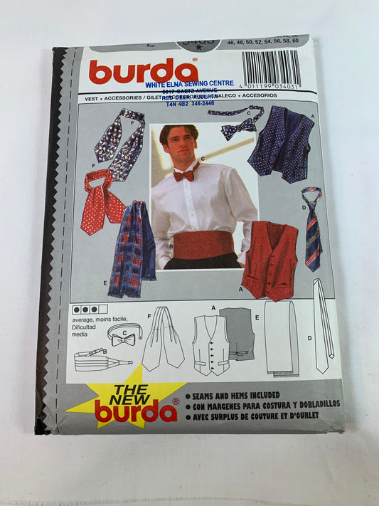 Burda Sewing Pattern 3403 Mens' Vest, Accessories, Necktie, Scarf, Bow Tie, Cummerbund, Ascot, Size 36-50, Cut, 2006
