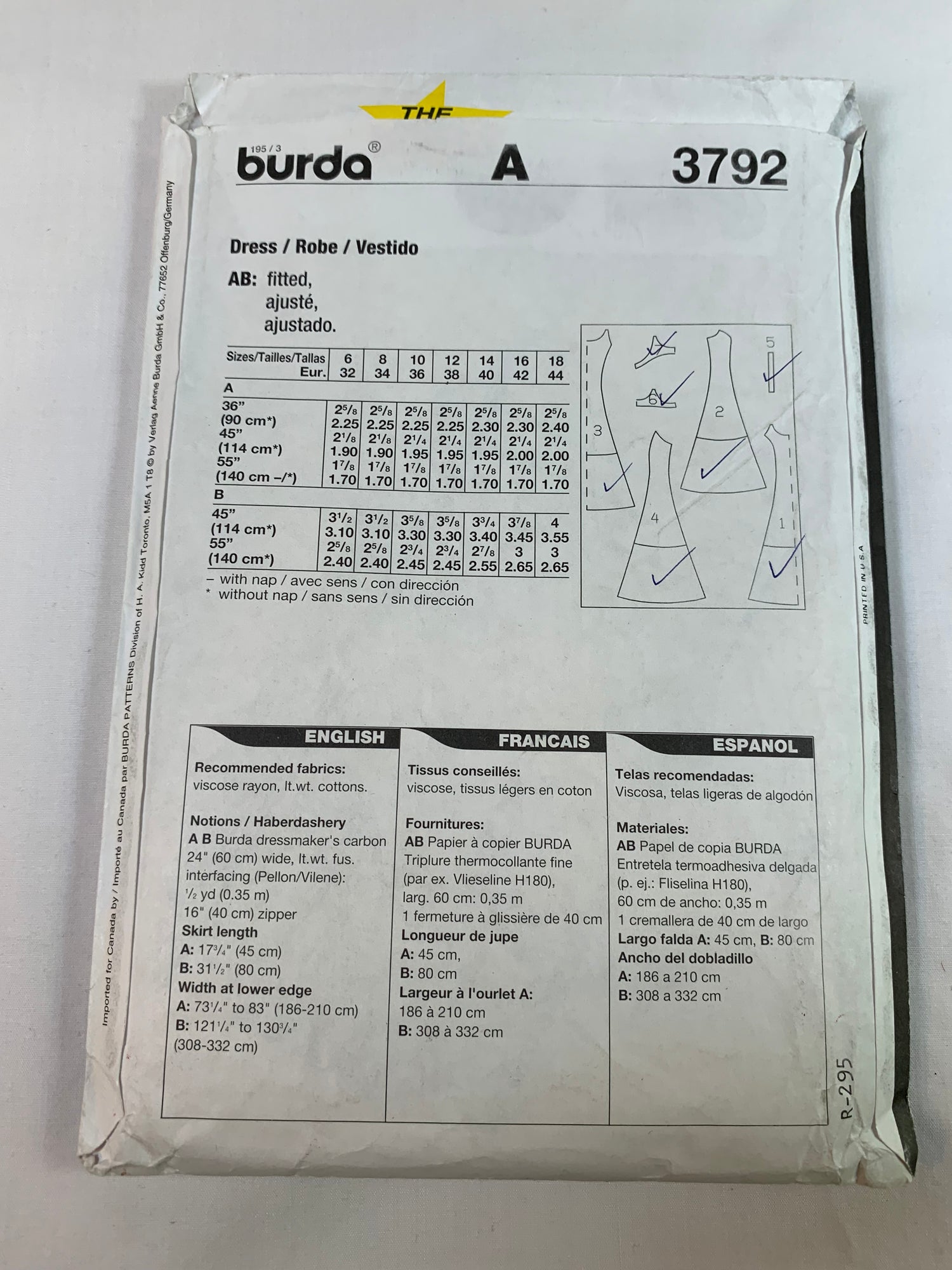 Burda Sewing Pattern 3792 Misses' Dress, Fitted, Shoulder Straps, Sleeveless, Two Lengths, Size 6-14, Cut, 2000