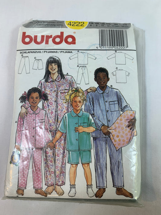 Burda Sewing Pattern 4222 Girls'/Boys Pajamas, Tops, Bottoms, Pockets, Button Front, Long/Short Sleeves, Elastic Waist, Size 6-16, Cut, 2000