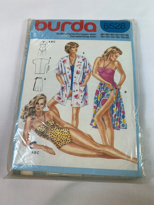 Burda Sewing Pattern 6528 Misses' Beach Coordinates, Top, Bottoms, Swimsuit, Jacket, Skirt, Pockets, Side Tie, 3 Variations, Cover Up, Size 10-20, Cut, 2000