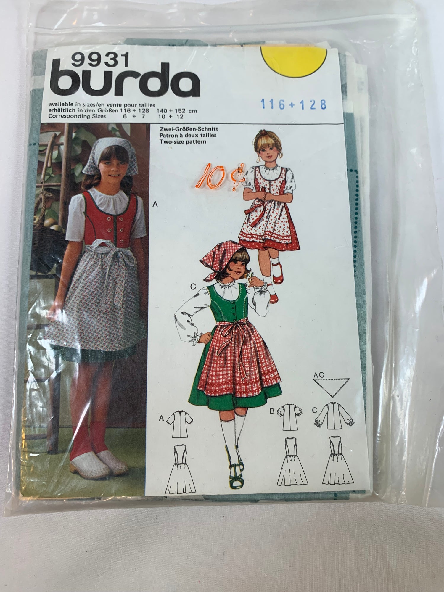Burda Sewing Pattern 9931 Girls' Dress, Long/Short Sleeves, Blouse, 3 Variations, Tie Belt, Skirt, Dirndl, Apron, Size 6-7, Cut, 2000