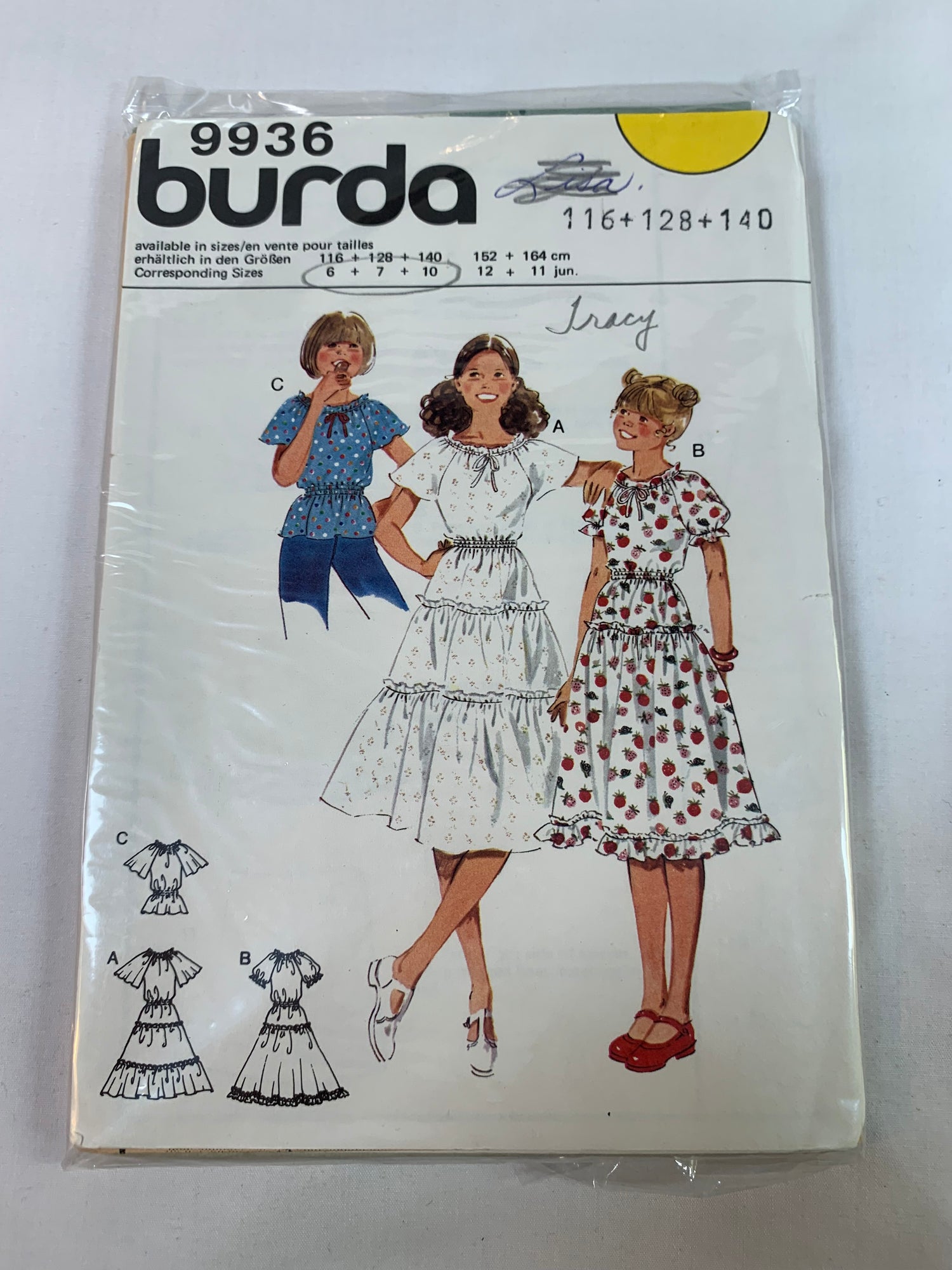 Burda Sewing Pattern 9936 Girls' Dress, Short Sleeves, Elastic Waist, 3 Variations, Round Neckline, Pullover, Ruffles, Size 6-10, Cut, 2000