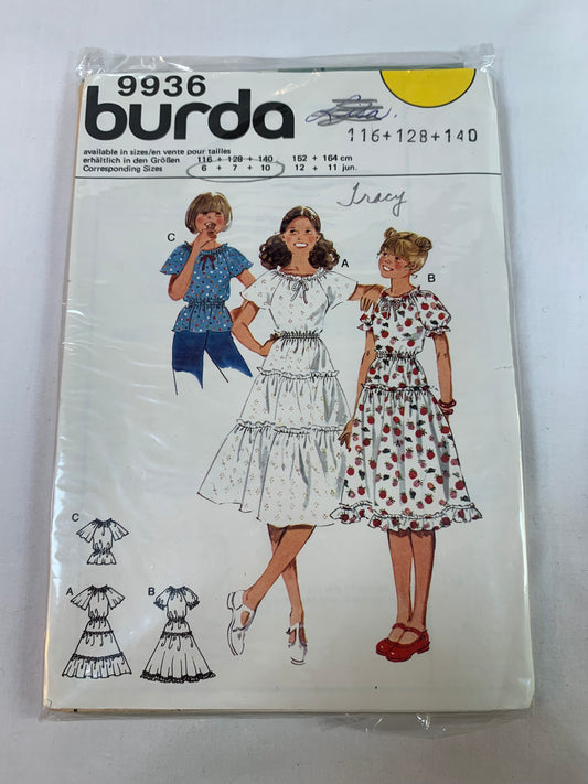Burda Sewing Pattern 9936 Girls' Dress, Short Sleeves, Elastic Waist, 3 Variations, Round Neckline, Pullover, Ruffles, Size 6-10, Cut, 2000