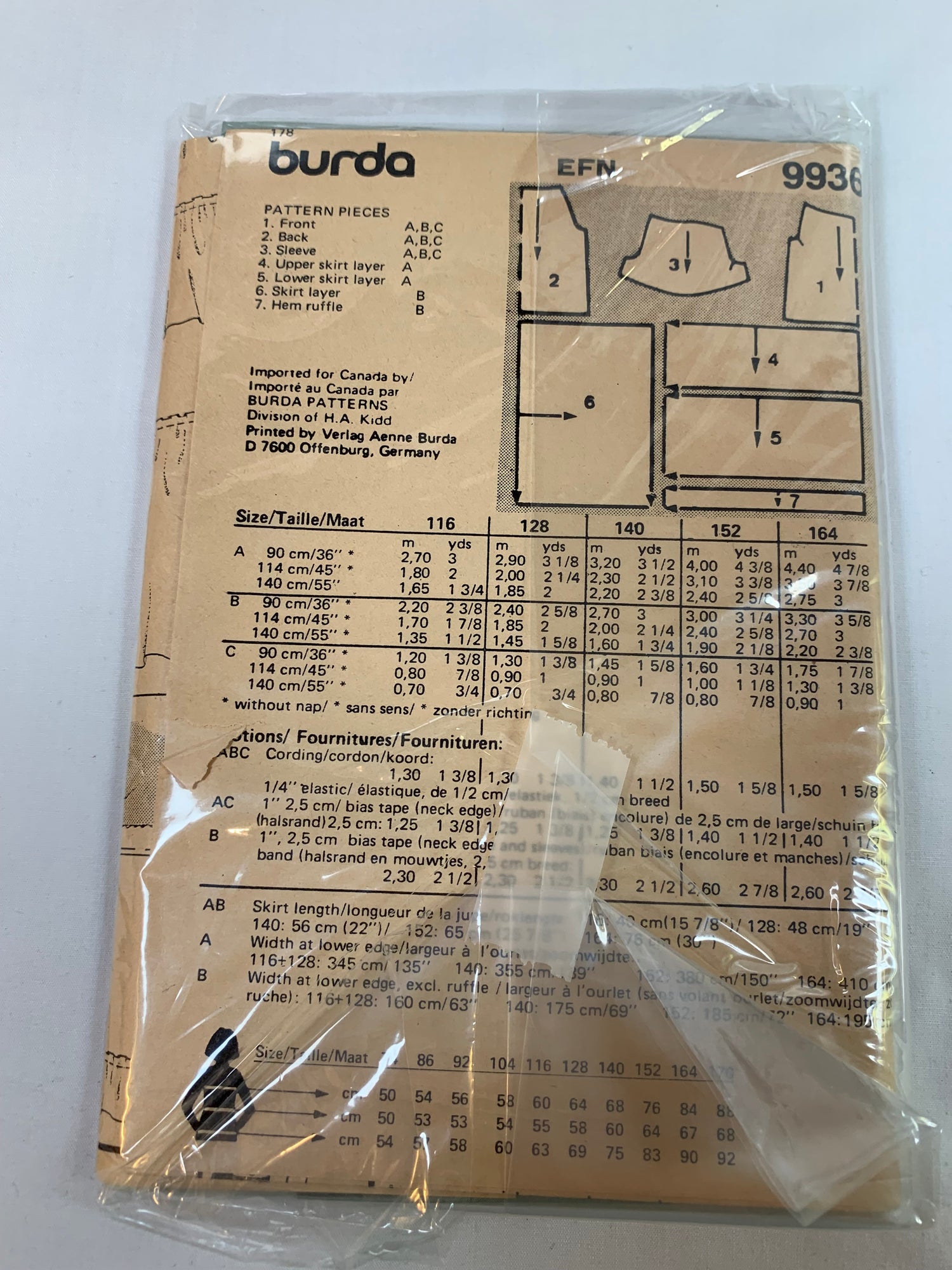 Burda Sewing Pattern 9936 Girls' Dress, Short Sleeves, Elastic Waist, 3 Variations, Round Neckline, Pullover, Ruffles, Size 6-10, Cut, 2000