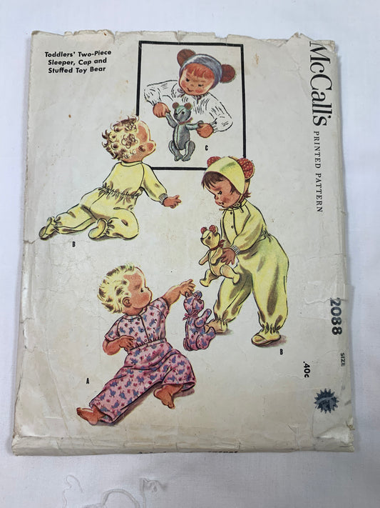 McCall's Sewing Pattern 2088 Toddlers'/ Infant's/Children's  Two Piece Sleeper, Cap, Stuffed Toy Bear, Elastic Waist, Size 2, Cut, Vintage 1950