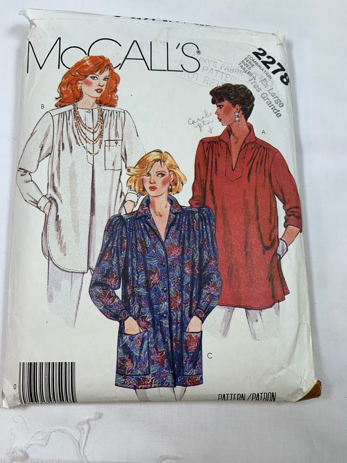 McCall's Sewing Pattern 2278 Misses' Blouse, Long Sleeves, Pocket, Shirts, Pullover, Pleats, Side Slits, Size 22-24, Cut, Vintage 1985