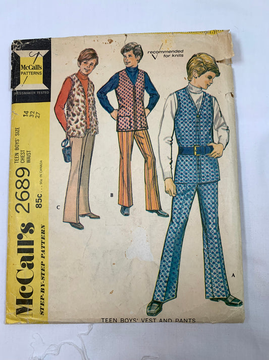McCall's Sewing Pattern 2689 Teen Boys' Vest, Pants, Zipper Front, Pockets, Lined, Size 14, Cut, Vintage 1970