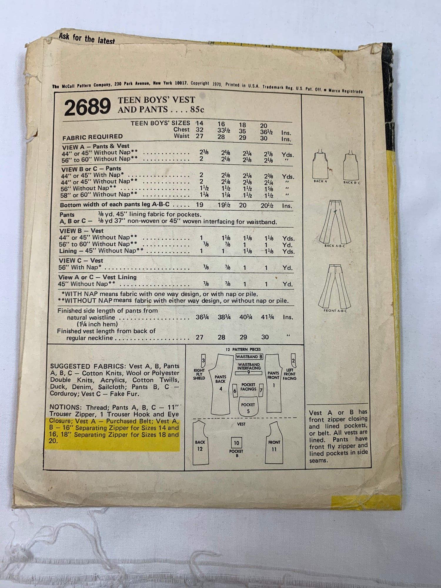 McCall's Sewing Pattern 2689 Teen Boys' Vest, Pants, Zipper Front, Pockets, Lined, Size 14, Cut, Vintage 1970