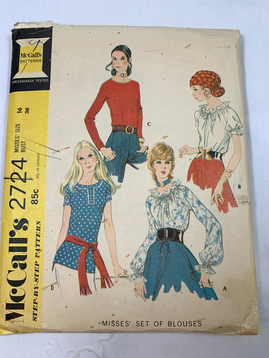 McCall's Sewing Pattern 2724 Misses' Tops, Pullover, Loose-Fitting, Long/Short Raglan Sleeves, Zipper Back, 4 Variations, Size 16, Cut, Vintage 1971