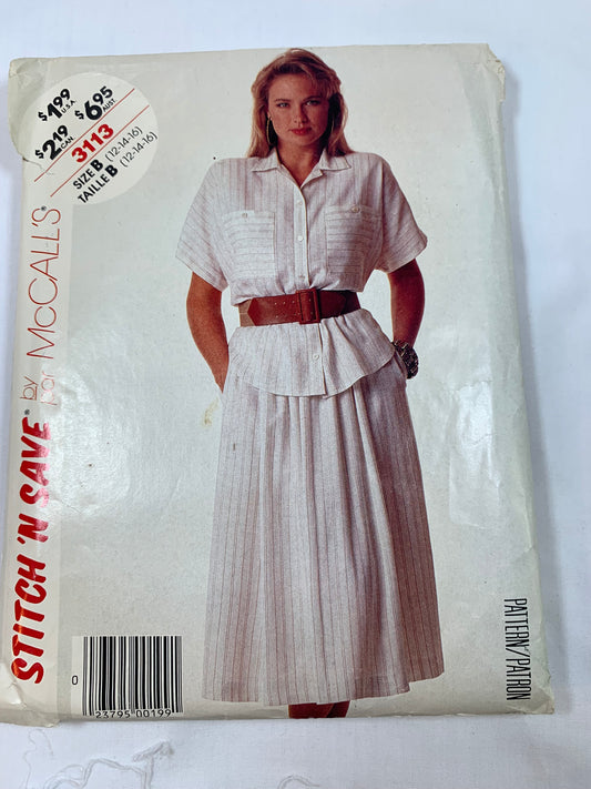 McCall's Sewing Pattern Stitch 'n Save 3113 Misses' Top, Shirt, Skirt, Short Sleeves, Button Front, Pockets, Size 16, Cut, Vintage 1987