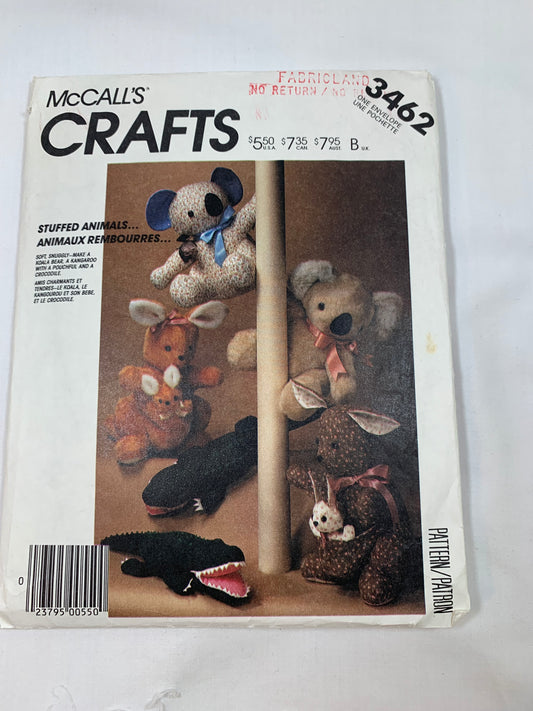 McCall's Sewing Pattern 3462 Crafts Stuffed Animals, Koala Bear, Mother/Baby Kangaroo, Crocodile, Cut, Vintage 1987