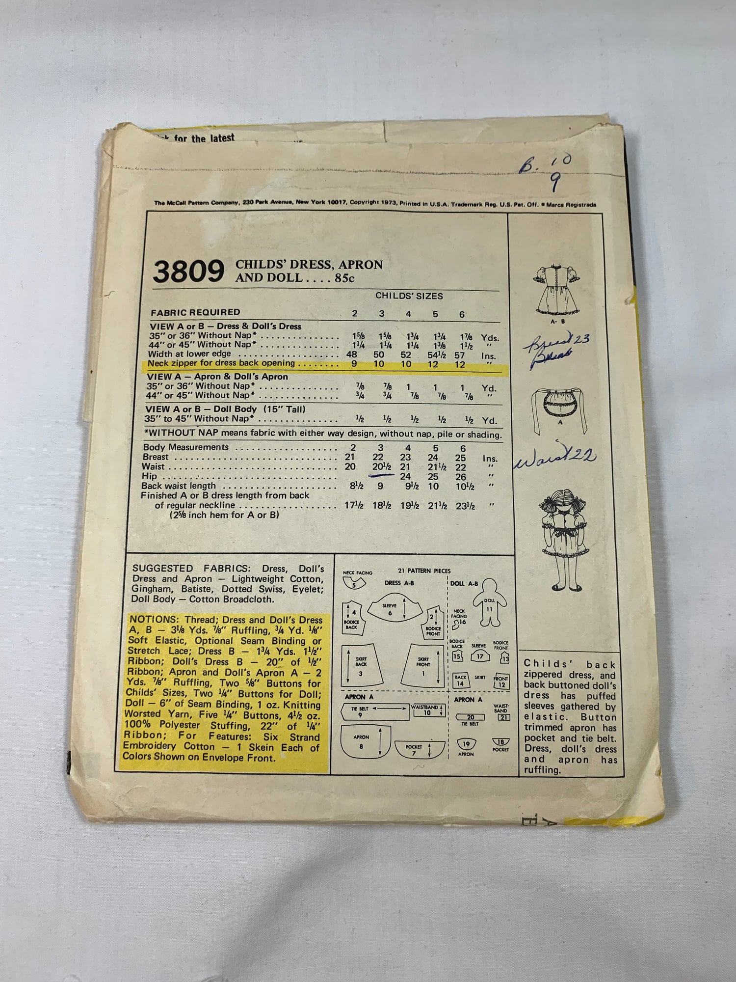 McCalls Sewing Pattern 3809 Girls' Dress, Apron, 15 " Doll, Zipper Back, Short Sleeves, Pocket, Tie Belt, Ruffles, Size 3, Cut, Vintage 1973