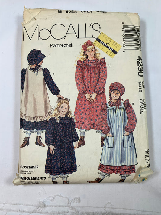 McCall's Sewing Pattern 4230 Girls' Pioneer Costume, Prairie, Bloomers, Bonnet, Dress, Apron, Pockets, Long Sleeves, Pullover, Size 12-14, Cut, Vintage 1989
