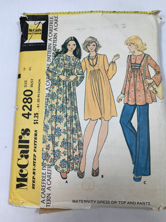 McCall's Sewing Pattern 4280 Misses' Maternity Dress, Top, Pants, Long Sleeves, Zipper Back, Elastic Waist, Loose-Fitting, Size 18, Cut, Vintage 1974