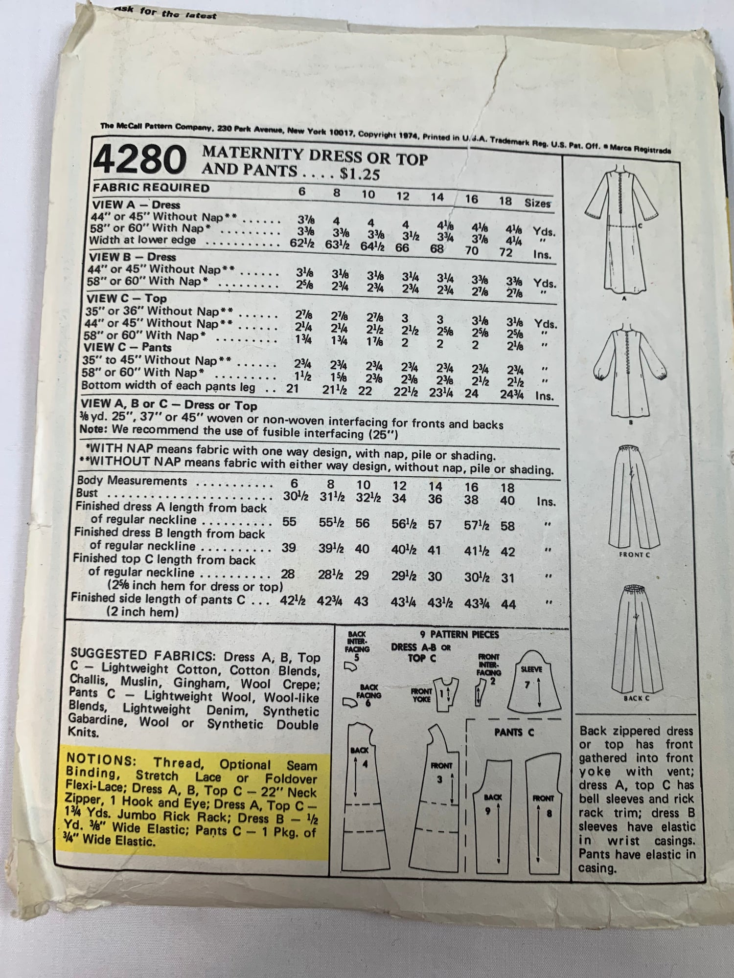 McCall's Sewing Pattern 4280 Misses' Maternity Dress, Top, Pants, Long Sleeves, Zipper Back, Elastic Waist, Loose-Fitting, Size 18, Cut, Vintage 1974