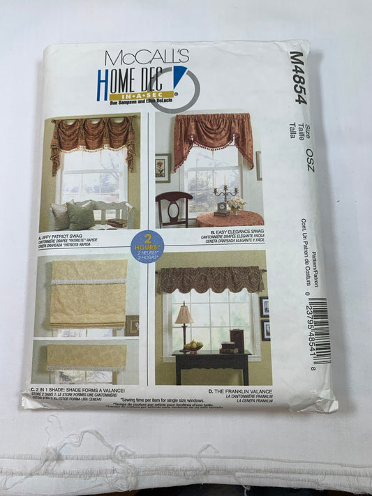 McCall's Home Decorating Sewing Pattern M4854 Window Coverings, Curtains, Swag, Shade, Valance, Cut, 2005