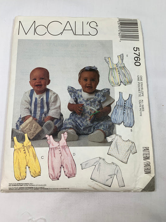 McCall's Sewing Pattern 5760 Infants' Jumpsuit, Shirt, Button Front, Snap Crotch, Sleeveless, Short Sleeves, Two Lengths, Stretch Knits, Size 13-24 Pounds, Cut, Vintage 1992