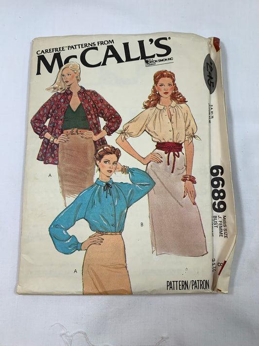McCall's Sewing Pattern 6689 Misses' Blouses, Long/Short Raglan Sleeves, Collar, Button Front, 3 Variations, Size 8, Cut, Vintage 1979