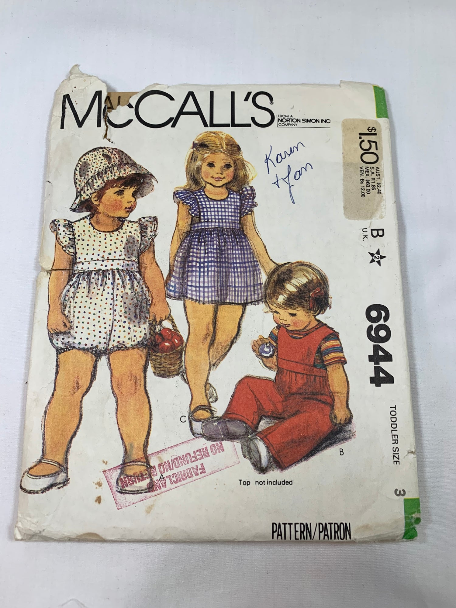 McCall's Sewing Pattern 6944 Toddlers' Jumper, Jumpsuit, Hat, Zipper Back, Lined, Ruffles, Tie Belt, Snap Crotch, Size 3, Cut, Vintage 1980
