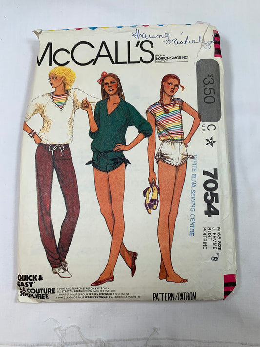 McCall's Sewing Pattern 7054 Misses' Top, T-Shirt, Pants, Shorts, Stretch Knits, Pullover, Long Raglan Sleeves, Elastic Waist, Size 8, Cut, Vintage 1980