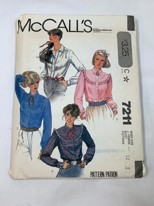 McCall's Sewing Pattern 7211 Misses' Western Blouse, Long/Short Sleeves, Shirts, Button Front, Collar, Ruffles, Size 12, Cut, Vintage 1980