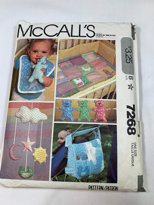 McCall's Sewing Pattern 7268 Crafts, Baby's Room, Crib Hanging, Quilt, Crib Bumper, Bag, Bib, Mobile, Toys, Cut, Vintage 1980