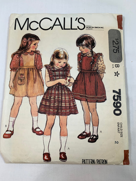 McCall's Sewing Pattern 7590 Girls' Jumper, Sundress, Blouse, Toy Mouse, Zipper Back, Pockets, Tie Belts, Ruffles, Button Front, Size 2 Cut, Vintage 1981