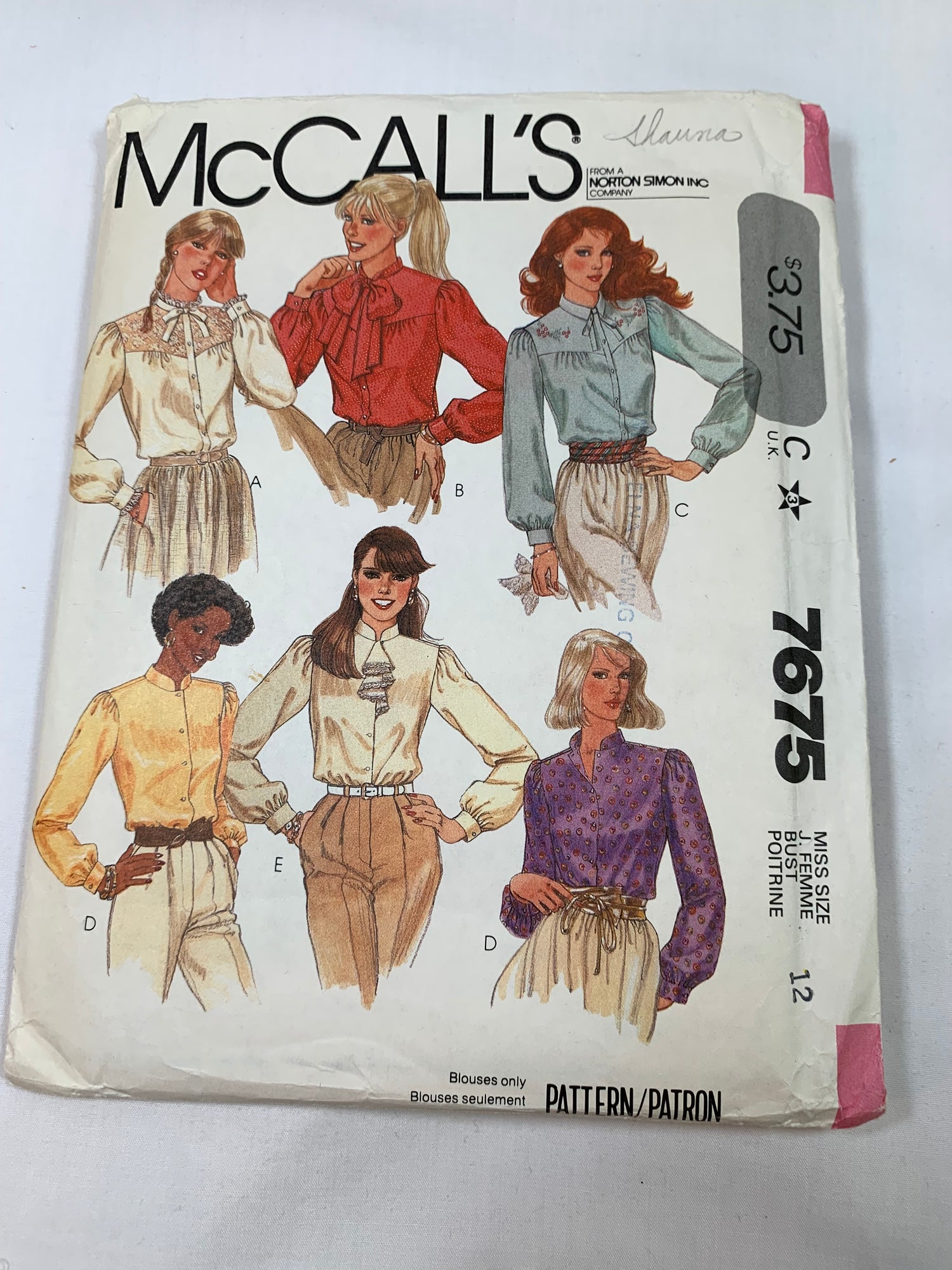 McCall's Sewing Pattern 7675 Misses' Blouse, Long Sleeves, Shirts, Collar, Button Front, Cuffs, Size 12, Cut, Vintage 1981