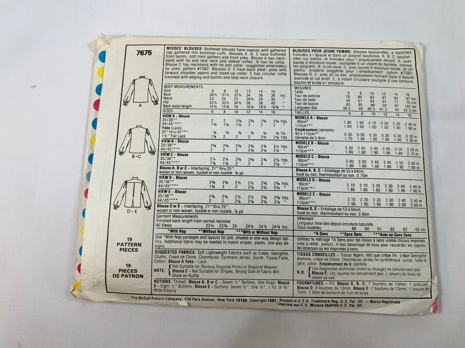 McCall's Sewing Pattern 7675 Misses' Blouse, Long Sleeves, Shirts, Collar, Button Front, Cuffs, Size 12, Cut, Vintage 1981