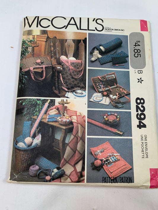 McCall's Sewing Pattern 8294 Needlecraft Accessories, Basket Liner, Chatelaine, Needle Bag, Knit, Crochet, Caddy, Sewing Case, Pin Cushion, Cut, Vintage 1982