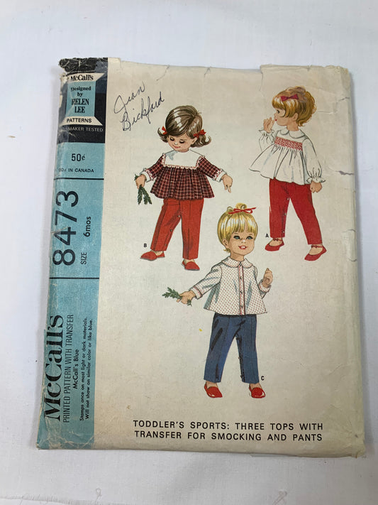 McCall's Sewing Pattern 8473 Girls'/Infants' Top, Pants, Pull-On, Button Front, Elastic Waist, Smocking Transfer, Snap Crotch, Size 6 mths, Cut, Vintage 1968