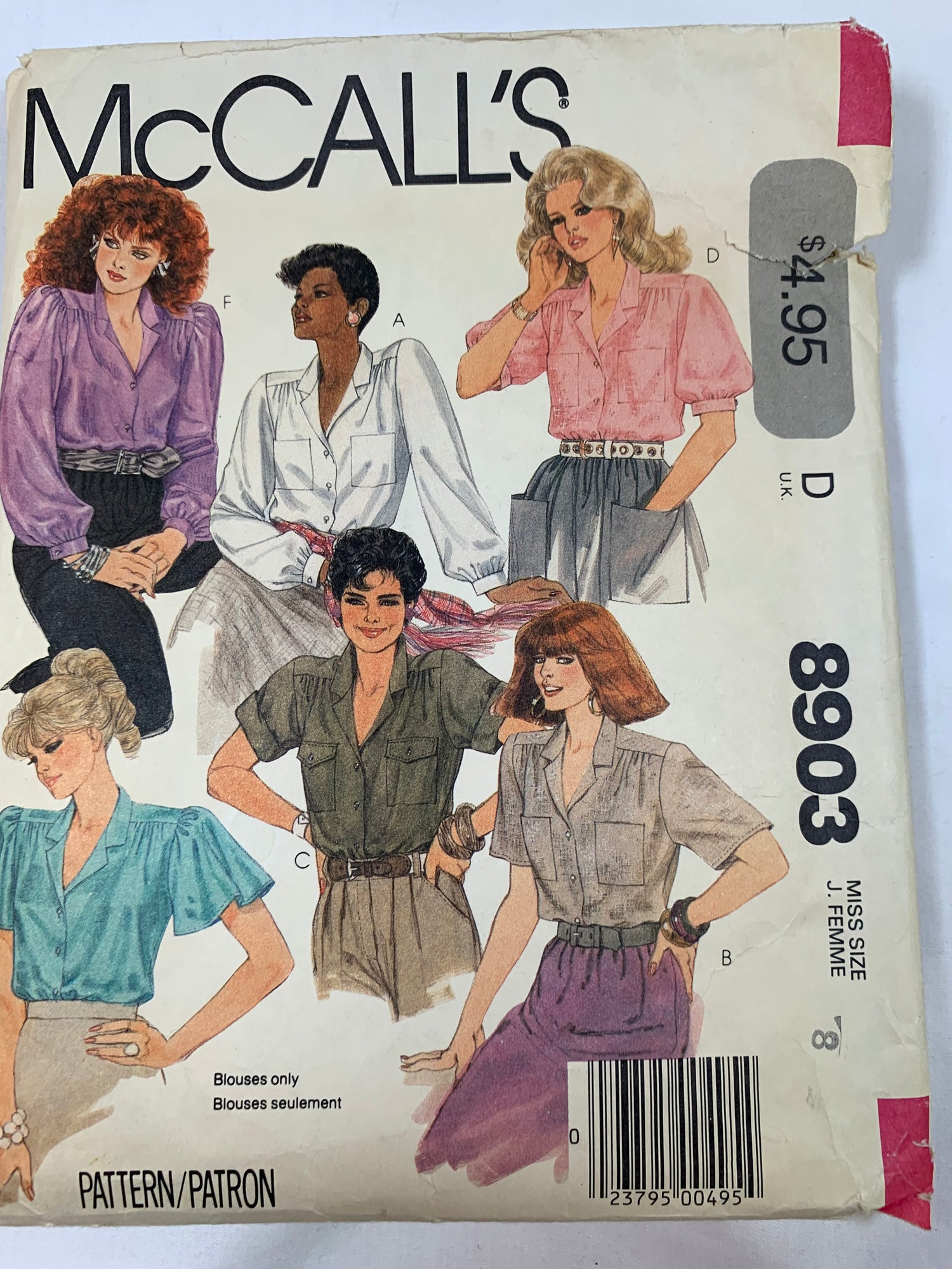 McCall's Sewing Pattern 8903 Misses' Blouse, Long/Short Sleeves, Shirts, Collar, Button Front, Cuffs, Pockets, Size 8, Cut, Vintage 1984