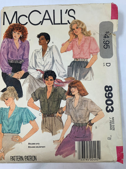McCall's Sewing Pattern 8903 Misses' Blouse, Long/Short Sleeves, Shirts, Collar, Button Front, Cuffs, Pockets, Size 8, Cut, Vintage 1984
