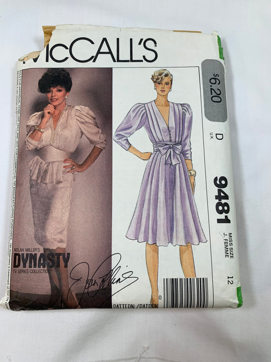 McCall's Sewing Pattern 9481 Misses' Dresses, Sash, Belt, Blouse, Pullover, Shoulder Pads, Pockets, 2 Variations, Size 12, Cut, Vintage 1985