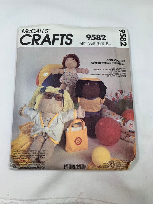 McCall's Sewing Pattern 9582 Soft Sculptured Dolls' Summer Wardrobe, Bag, T-Shirt, Swimsuit, Visor, Short, Swim Trunks, Cut, Vintage 1985