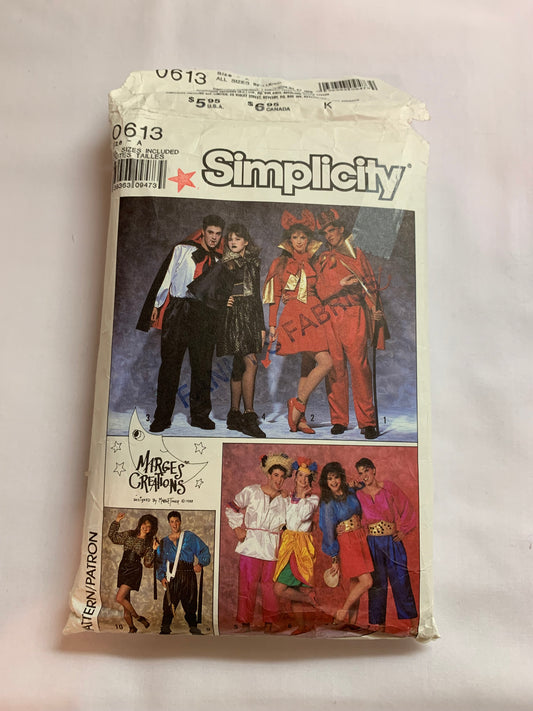 Simplicity Sewing Pattern 0613 Misses'/Men's/Teens, Costumes, Halloween, Party, Devil, Vampires, Cape, Pants, Cut, Size XS-LG, Vintage 1989
