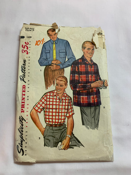 Simplicity Sewing Pattern 1025 Men's, Shirts, Long/Short Sleeves, Pocket, Collar, Button Front, Cuffs, Size 42-44, Cut, Vintage 1976