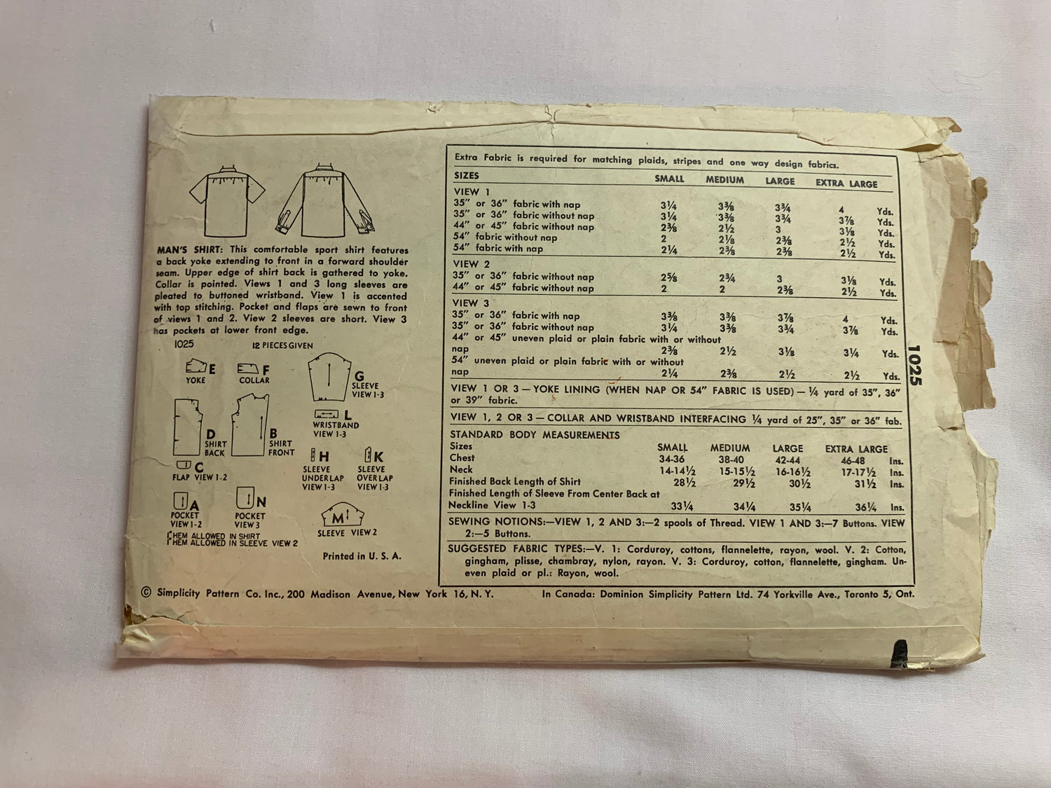 Simplicity Sewing Pattern 1025 Men's, Shirts, Long/Short Sleeves, Pocket, Collar, Button Front, Cuffs, Size 42-44, Cut, Vintage 1976