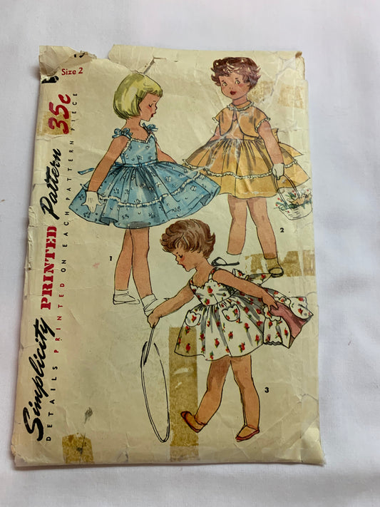 Simplicity Sewing Pattern 1149 Girls' Dresses, Jacket, Sleeveless, Short Sleeves, Button Back, Gathered Flared Skirt, Tie Belt, Size 2, Cut, Vintage 1950