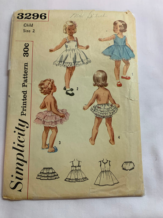 Simplicity Sewing Pattern 3296 Girls'/Child's Slip, Petticoat, Pantie, Button Back, Round Neckline, Ruffle, Tiers, Size 2, Cut, Vintage 1950