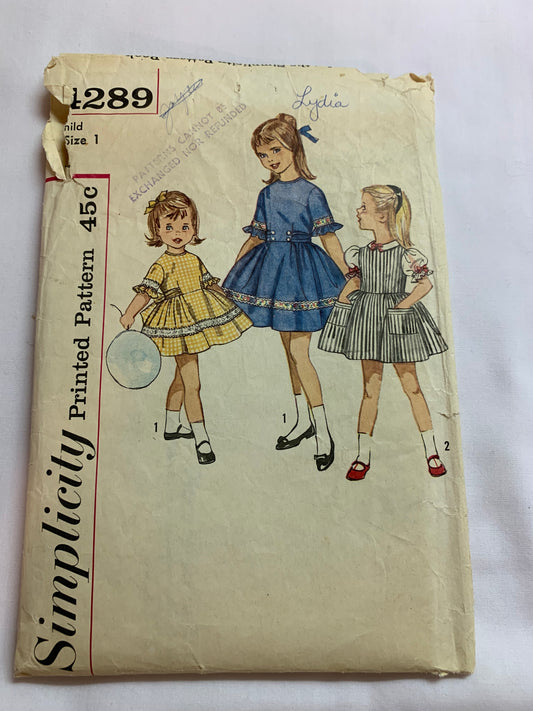 Simplicity Sewing Pattern 4289 Child's/Girls' One Piece Dress, Collar, Tie Back, Short Sleeves, Button Back, Flared Skirt, Pockets, Size 1, Cut, Vintage 1950