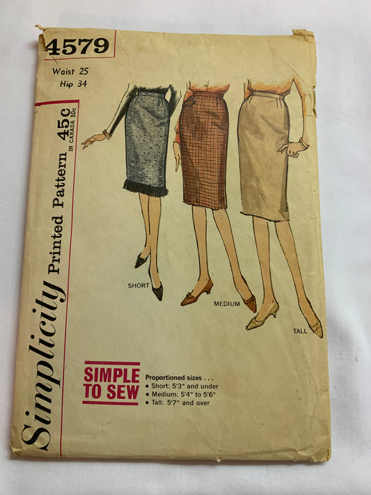 Simplicity Sewing Pattern 4579 Misses' Skirt, Zipper Back, 3 Variations, 3 Lengths, Zipper Closing, Back Slit, Size Waist 25", Cut, Vintage 1950