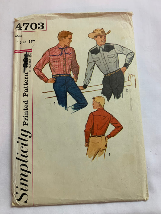 Simplicity Sewing Pattern 4703 Men's Western Shirts, Fitted, Long Sleeves, Pocket, Collar, Button/Snap Front, Cuffs, Size 15" Neck, Cut, Vintage 1950