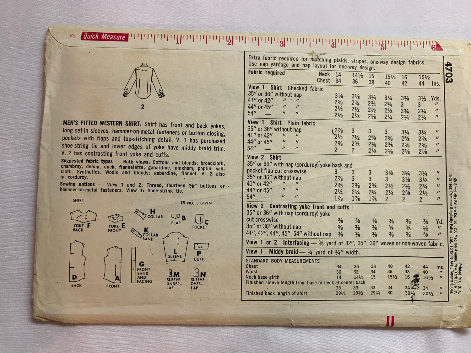 Simplicity Sewing Pattern 4703 Men's Western Shirts, Fitted, Long Sleeves, Pocket, Collar, Button/Snap Front, Cuffs, Size 15" Neck, Cut, Vintage 1950