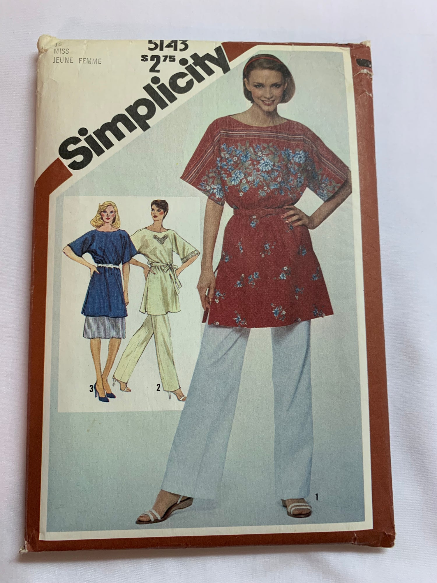 Simplicity Sewing Pattern 5143 Misses' Tunic, Skirt, Pants, Long Raglan Sleeves, Pullover, Pull-On, Side Slits, Tie Belt, Size 16, Cut, Vintage 1981