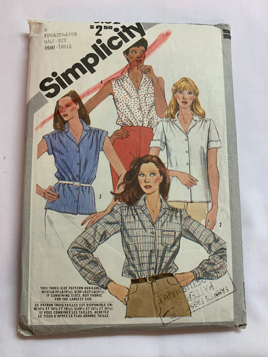 Simplicity Sewing Pattern 9430 Misses' Half Size Blouses, Shirts, Button Front, Long/Short Sleeves, Sleeveless, Pockets, Collar, Size 22 1/2 - 24 1/2, Cut, Vintage 1981