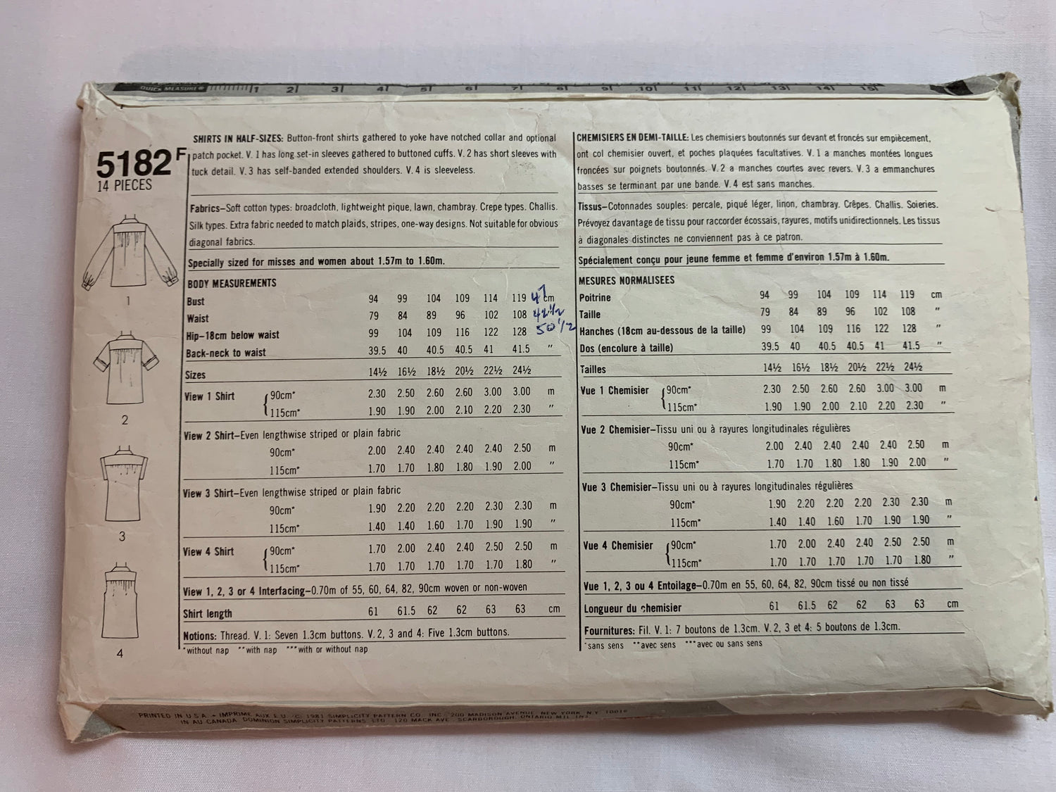 Simplicity Sewing Pattern 9430 Misses' Half Size Blouses, Shirts, Button Front, Long/Short Sleeves, Sleeveless, Pockets, Collar, Size 22 1/2 - 24 1/2, Cut, Vintage 1981