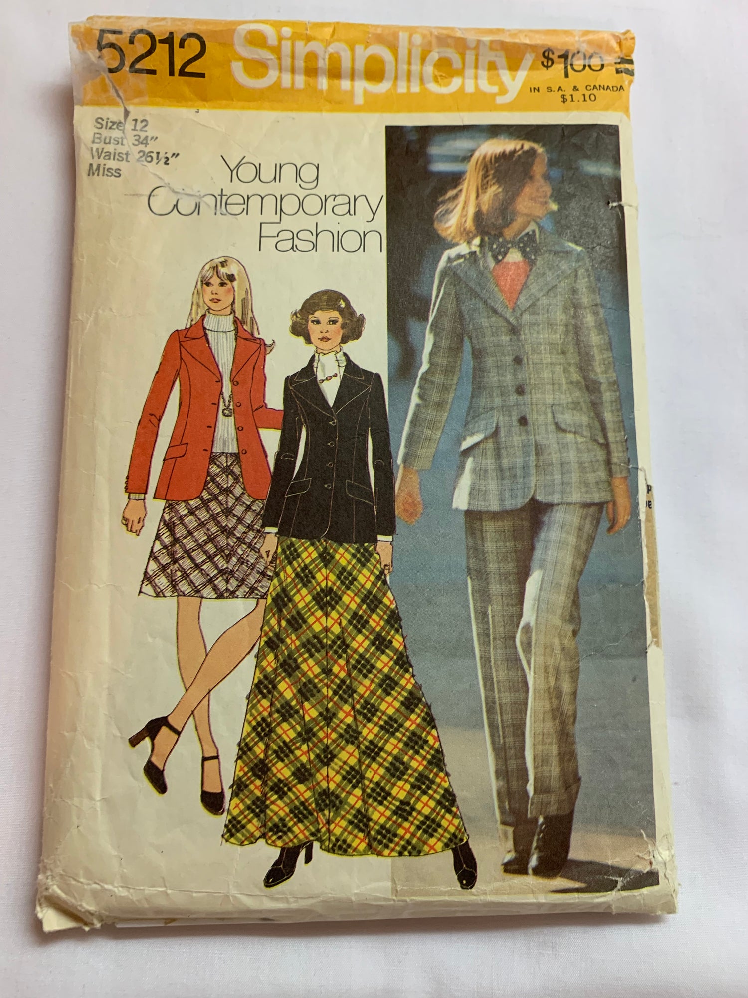 Simplicity Sewing Pattern 5212 Misses' Skirt, Pants, Jacket, Two Lengths, Princess Seams, Pockets, Zipper Closing, Size 12, Cut, Vintage 1972