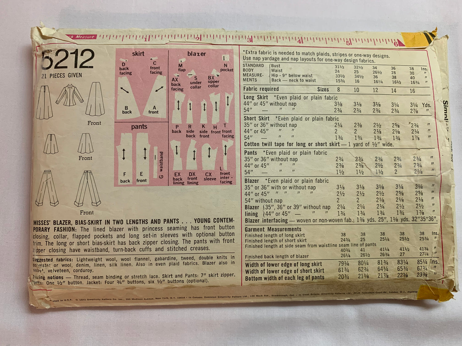 Simplicity Sewing Pattern 5212 Misses' Skirt, Pants, Jacket, Two Lengths, Princess Seams, Pockets, Zipper Closing, Size 12, Cut, Vintage 1972