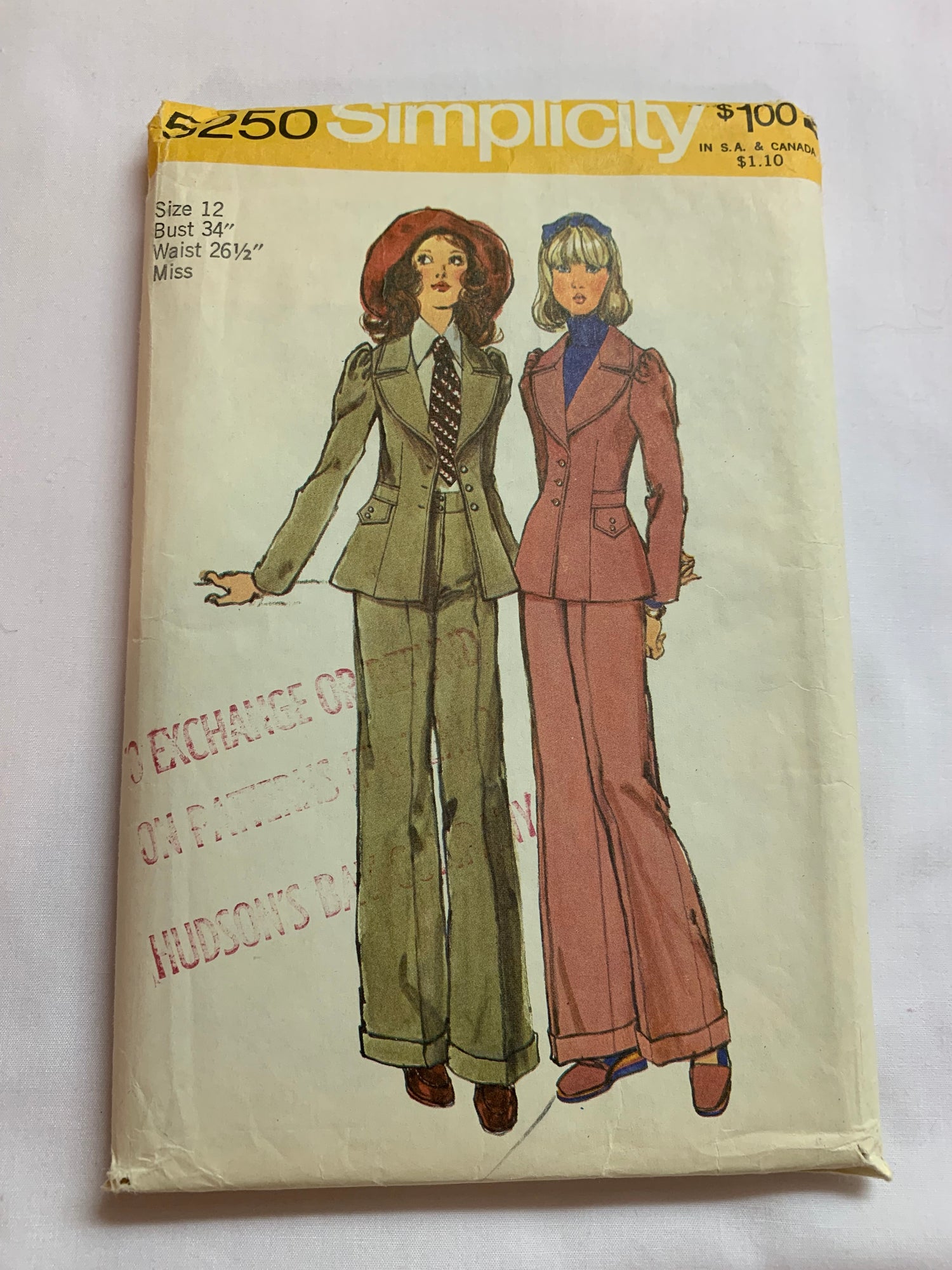 Simplicity Sewing Pattern 5250 Misses' Lined Jacket, Pants, Button Front, Zipper Closure, Long Sleeves, Collar, Cuffs, Size 12, Cut, Vintage 1972